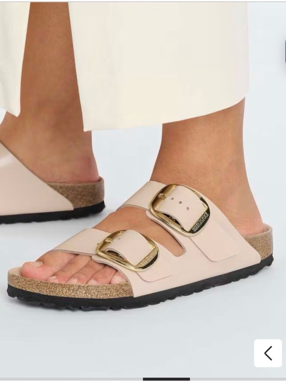 Birkenstock Soft Pink Two-Buckle Slides with Gold Buckles